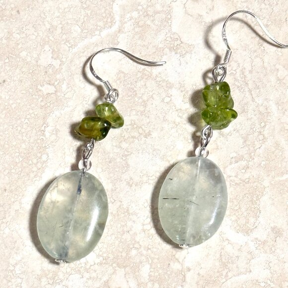 2/$20, Genuine. Light Green Prehnite & Peridot Sterling Silver Dangle Earrings - Picture 2 of 12